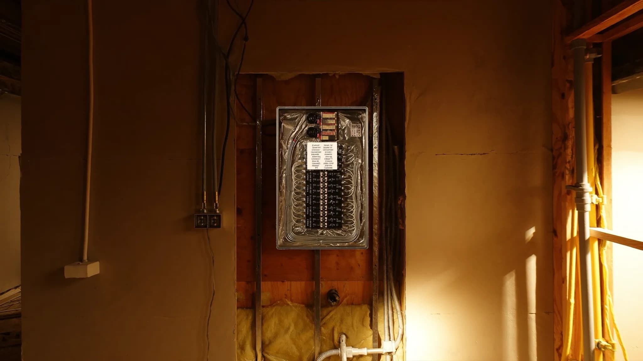A residential electrical panel with the cover off, every circuit combed, labeled, and lit