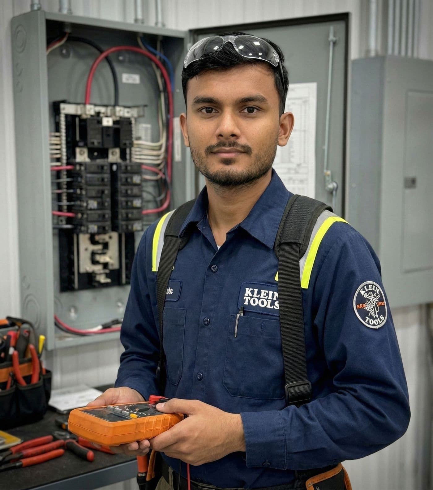 A licensed apprentice holding a multimeter in front of an open panel