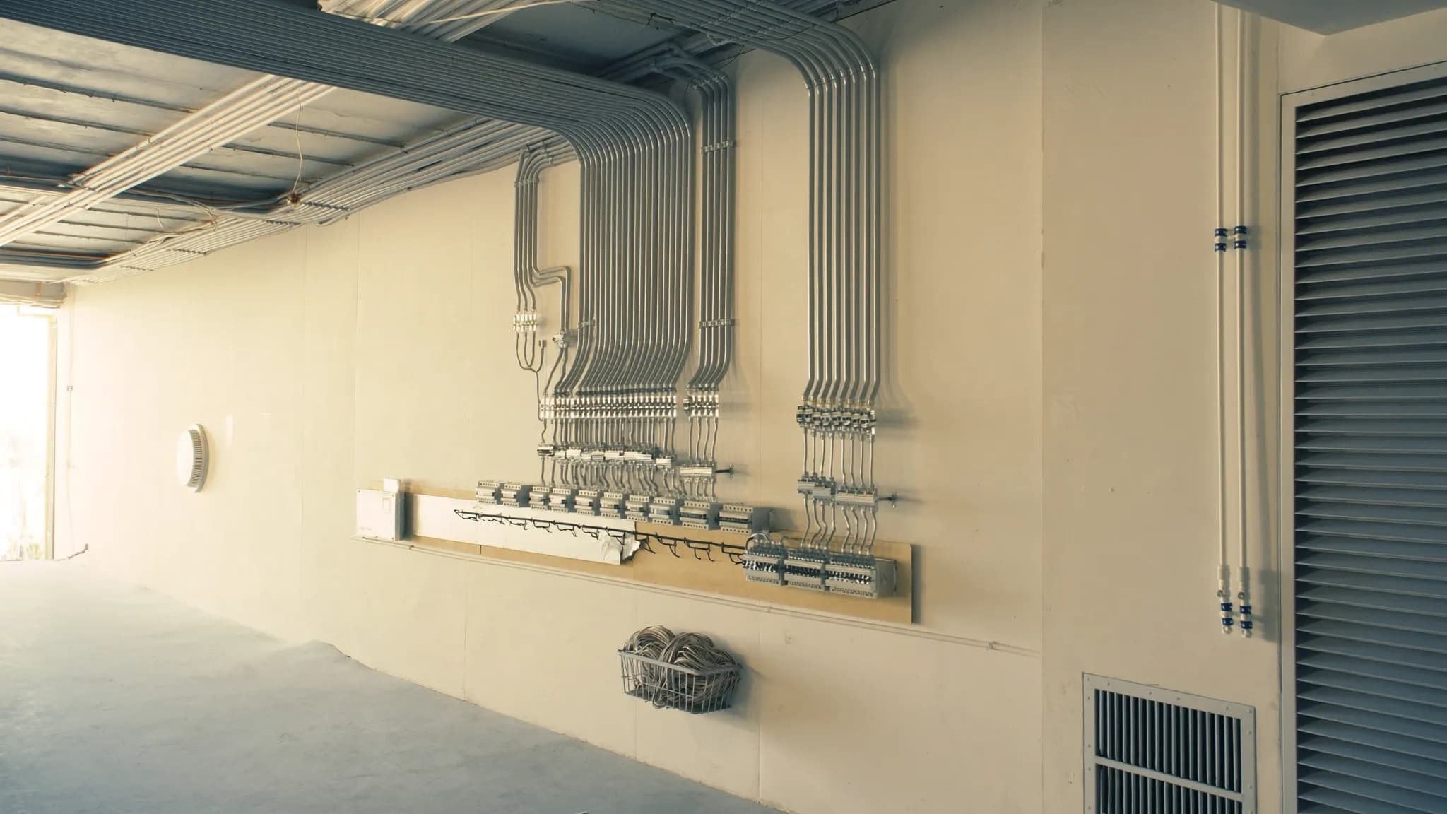 A wall of home-run conduit bent square, combed, and strapped in even parallel runs into a panel