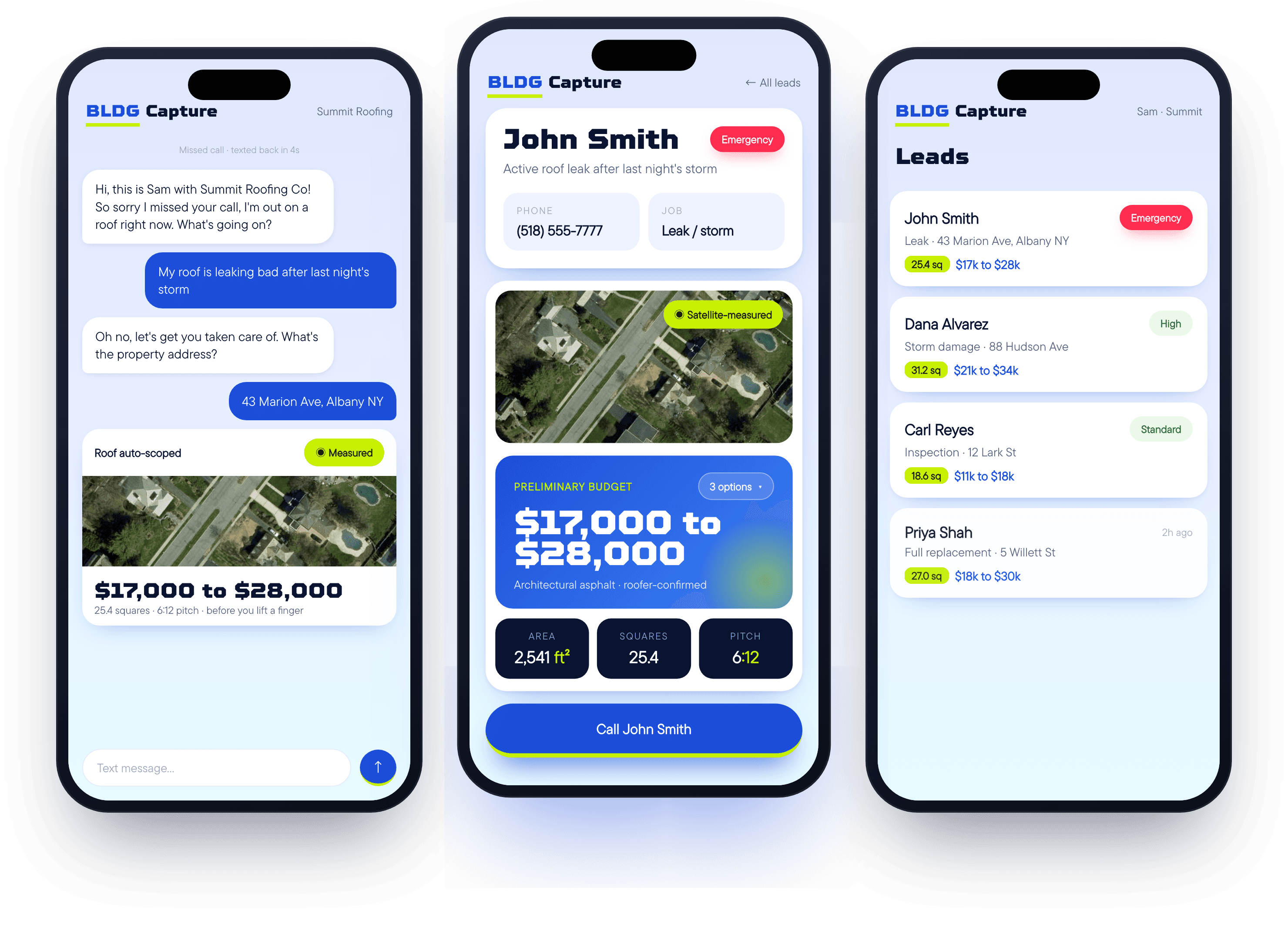 BLDG Capture on a phone: the text-back conversation, the auto-scoped lead, and the inbox